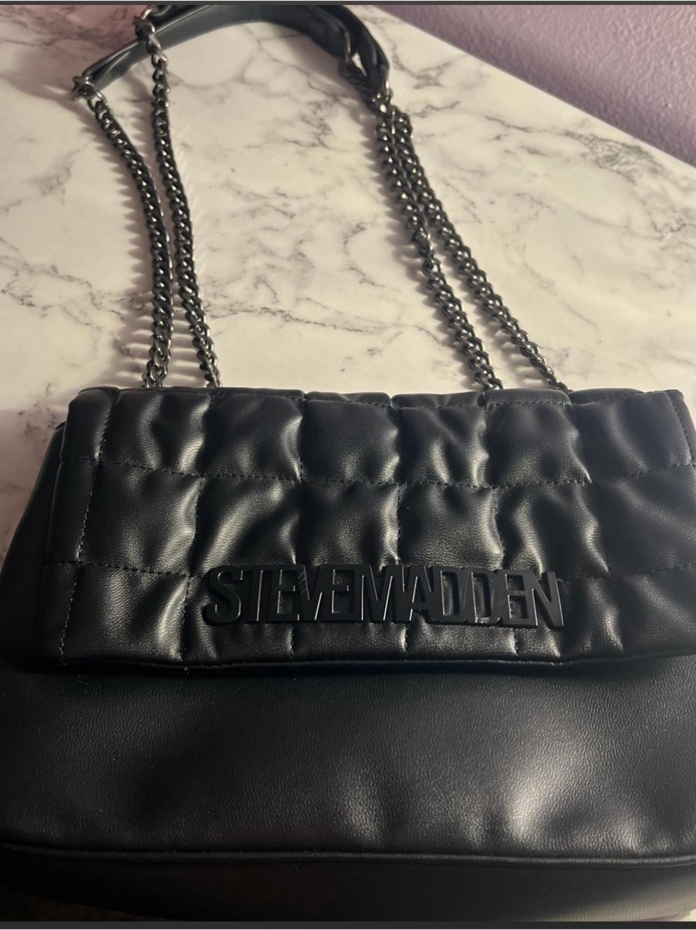 Steve Madden Black Quilted Faux-Leather Chain Shoulder Bag